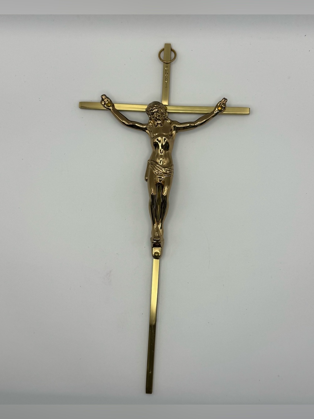 Vintage Mid Century Modern Brass Tone Wall Crucifix INRI Cross Religious Decor
